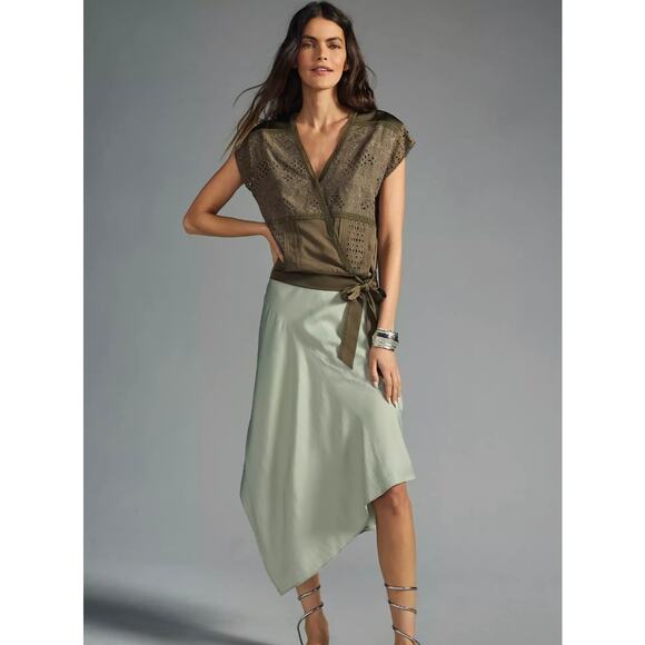 Anthropologie Tiny Womens 2X Tatiana Olive Green Lace Boho Wrap Short Sleeve Top - Picture 2 of 8